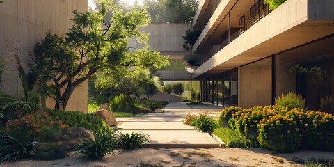 old brutalist villa in the morning sun with beautiful garden 