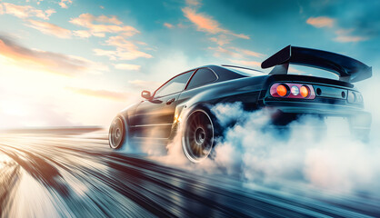 Sports car drifts on a race track. Racing drift car with a lot of smoke. Copy space