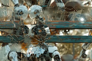 Imagine a pair of robots sharing a tender moment on a park bench as seen through the distorted lens of a shattered mirror, emphasizing a fragmented yet beautiful love story
