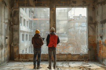 Engineers with hard hats overview a building site through a large window opening of an unfinished room