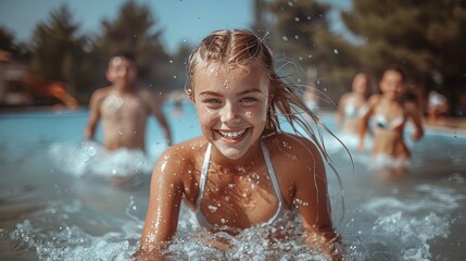 Obraz premium A happy family is sliding down a slide at a water park on an inflatable ring. Children and parents are having fun on vacation.