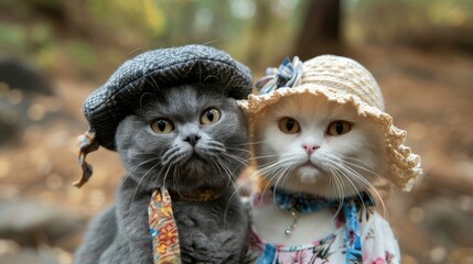 Cat in hat beside cat in dress