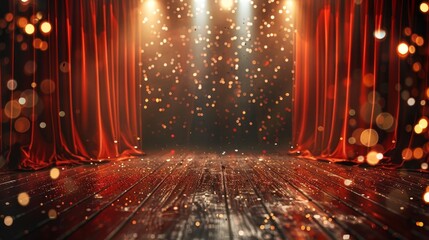 The red curtain of the theater stage is open, illuminated by warm lights and spotlights. There's an empty wooden floor in front of it. A festive atmosphere with sparkles. Realistic illustration