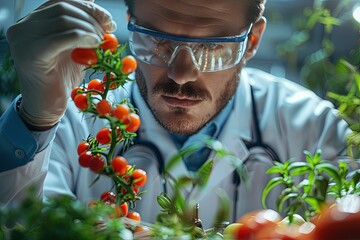 Man in Lab Coat Inspecting Fresh Vegetables in a Supermarket