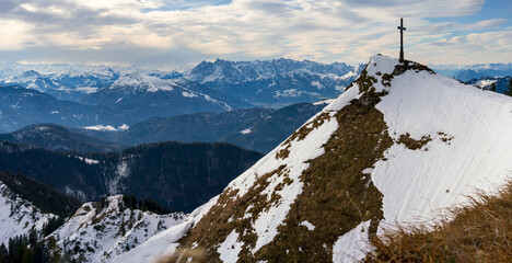 Bavarian panoramic landscape view along the Hochgern Chiemgau mountains