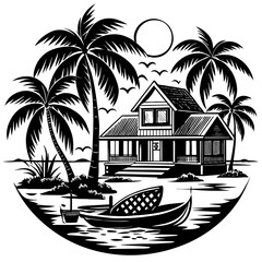 old-seaside-house--coconut-tree--beach-and-boats