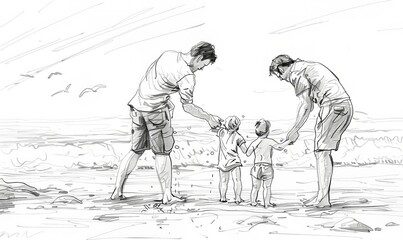 Obraz na płótnie Canvas Disegno, storyboard di una famiglia che passa del tempo insieme.