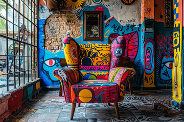 Colorful armchair in a room with vibrant graffiti on walls