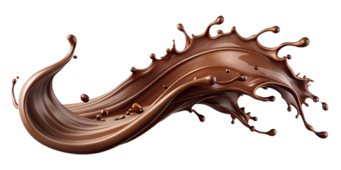 Dark chocolate wave coming out sideways and with 3d splashes on white or transparent background. .AI Generated