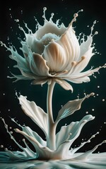 A mesmerizing 3D render of a flower, meticulously crafted to look like it's made entirely of splashing milk. The delicate petals, stem, and leaves exude elegance and grace, 