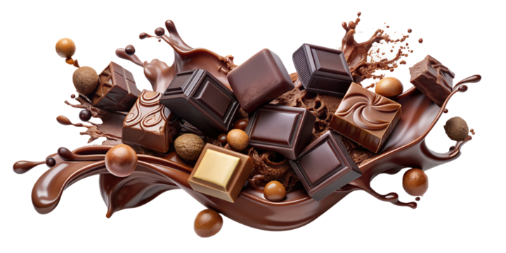 Delicious melted milk chocolate in a wave floating in the air with chocolate chips and dark and milk chocolate chips.White or transparent background. AI generated