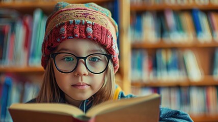 Child with glasses focused on reading book in library