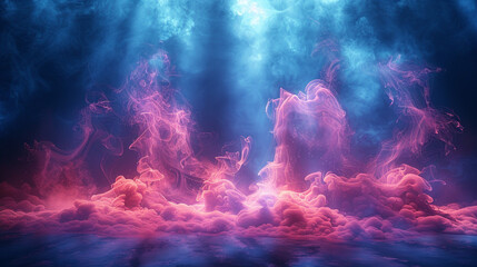 Neon pink smoke abstract background curling across a stage lit by a bright blue spotlight, adding vibrancy against a dark navy background.