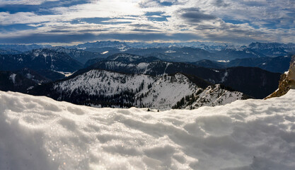 Bavarian panoramic landscape view along the Hochgern Chiemgau mountains