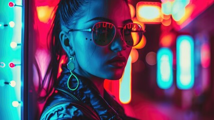 Woman with sunglasses illuminated by neon lights at night - Powered by Adobe