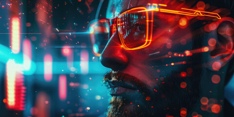 Bearded man with neon glasses looking at digital displays, concept of future technology
