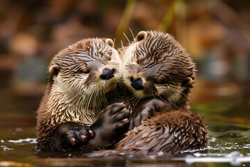 Two otters cuddling in the water, holding onto each other's backs with their paws