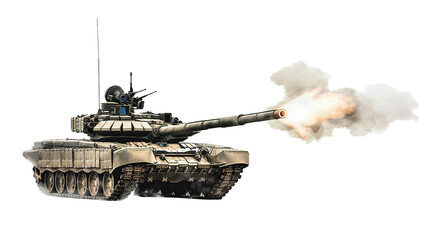 The tank is firing a gun. Isolated on a white background.