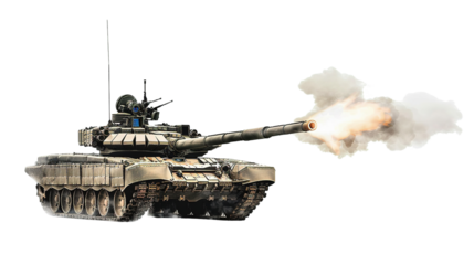 The tank is firing a gun. Isolated on a white background.