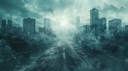 Post-apocalyptic cityscape with desolate buildings and overcast sky