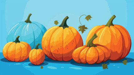 Ripe beautiful pumpkins on blue background 2d flat