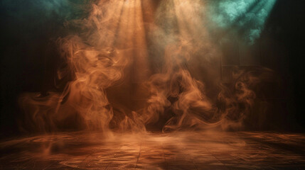 Rich chocolate brown smoke swirling across a stage illuminated by a pale cyan spotlight, providing a warm, inviting backdrop.