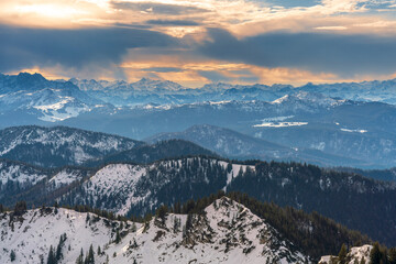 Bavarian panoramic landscape view along the Hochgern Chiemgau mountains