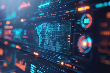 Obraz premium Cybersecurity dashboard graphics showing the status and health of perimeter barriers around sensitive data, have copy space for text