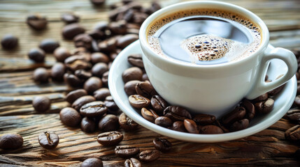 Freshly brewed coffee in a white cup surrounded by roasted coffee beans on a rustic wooden table