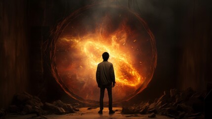 A man stands in front of a hole in a wall that has a fireball on it. - obrazy, fototapety, plakaty
