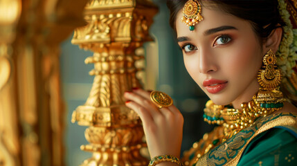 South Indian bride in traditional gold jewelry and green saree, gazing elegantly