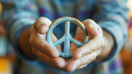 Person holding a rusty peace symbol in their hands, symbolizing hope and unity in a casual setting - obrazy, fototapety, plakaty