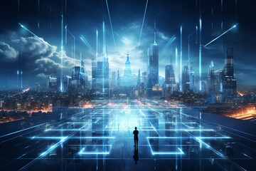 Contemporary City Panorama Wallpaper. Futuristic Superstructures Illuminated with Blue Light.