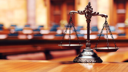 Classical scales of justice in a courtroom, symbolizing law and order with a wooden gavel in the background