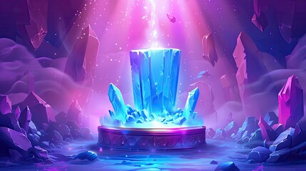 golden podium, fantasy game background, blue and purple lighting