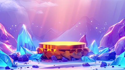 golden podium, fantasy game background, blue and purple lighting