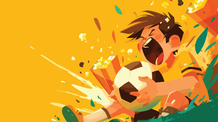 Screaming soccer fan with ball and popcorn on color