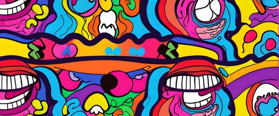 Experience the whimsical fun of vibrant psychedelic patterns with colorful cartoon faces melting with smiles. This retro style design exudes fun charm with its unique design. Generative AI