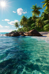 Amazing tropical scenery - ocean waves breaks on rocky coastline in paradise island beach, sunshine. Perfect tropic landscape in exotic island with sea wave, sunshine. Copy ad text space
