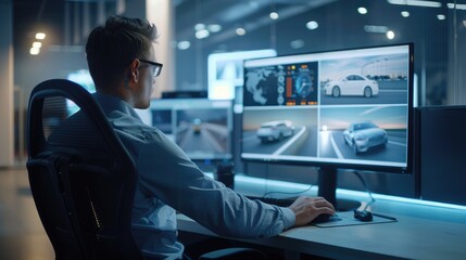 Fototapeta premium employee using a computer software for monitoring motor vehicles in real time on an office computer screen