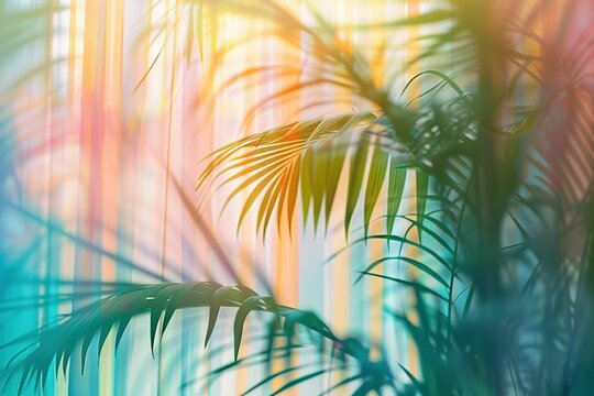 Pink, yellow and green gradient with palm leaves background. Summer vibes with a botanical mood..Minimalist tropical design.