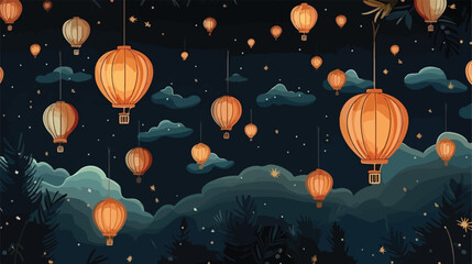 Seamless pattern with Chinese lanterns flying in ni