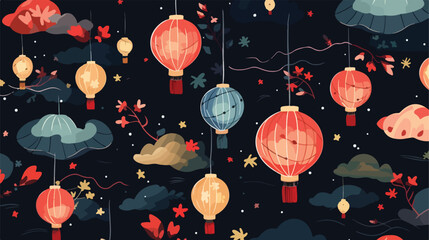 Seamless pattern with Chinese lanterns flying in ni