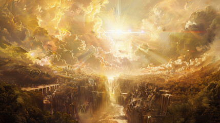Fototapeta premium A narrative freeze-frame showing Christ as the Logos, a bridge between heaven and earth, His figure casting a divine reflection over the nascent world, all elements aligning with His creative command.