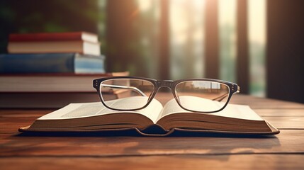 Open book with glasses on wooden table in the home library.