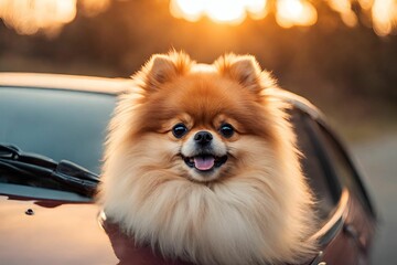 Beautiful pomeranian dog. Cute dog in car. Sunset