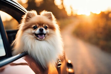 Beautiful pomeranian dog. Cute dog in car. Sunset