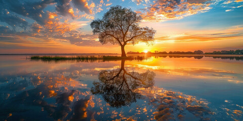 Serenity at Dusk Solitary Tree Reflecting in Lake with Setting Sun in Background