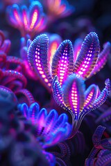 Synthetic biome with neon flora and algorithmic patterns, featuring a biomechanical ecosystem where plant life forms display vibrant, glowing patterns - obrazy, fototapety, plakaty
