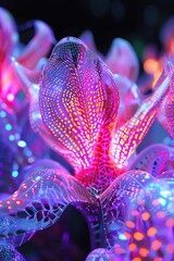 Synthetic biome with neon flora and algorithmic patterns, featuring a biomechanical ecosystem where plant life forms display vibrant, glowing patterns - obrazy, fototapety, plakaty